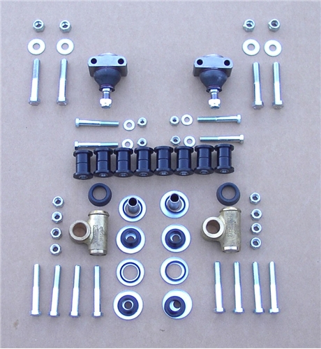POLY FRONT SUSPENSION KIT INCLUDES  ball joints (2) poly wishbone bush (8) OE trunnion (2) trunnion kit (2) trunnion seal (2) bolts &amp; locknuts (16)